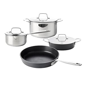Alva Essential 7-Piece Cookware Set, 9.5″ Ceramic Nontoxic, Nonstick Frying Pan, 9.5″ Two-Piece Skillet, 7.8 Qt. Stainless Steel Casserole, 6.3″ Saucepan, PFAS Free, Nontoxic Cookware