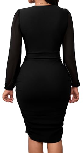 SeNight Women's Dress Sexy V Neck Dresses Bodycon Mesh Long Sleeve Breathable Mini Pencil Clubwear for Evening Party3