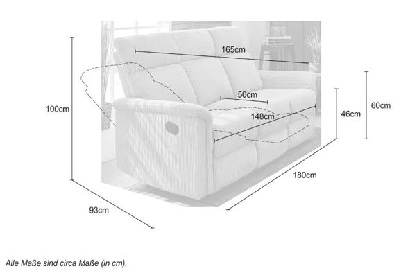 Stilvolles Dreisitzer Sofa mit Federkernpolsterung und Wellenunterfederung B180/T93/H100 cm, verstellbare 3er Couch durch halbautomatische Relaxfunktion, Bezug Cord in Beige / 15506 – Bild 4