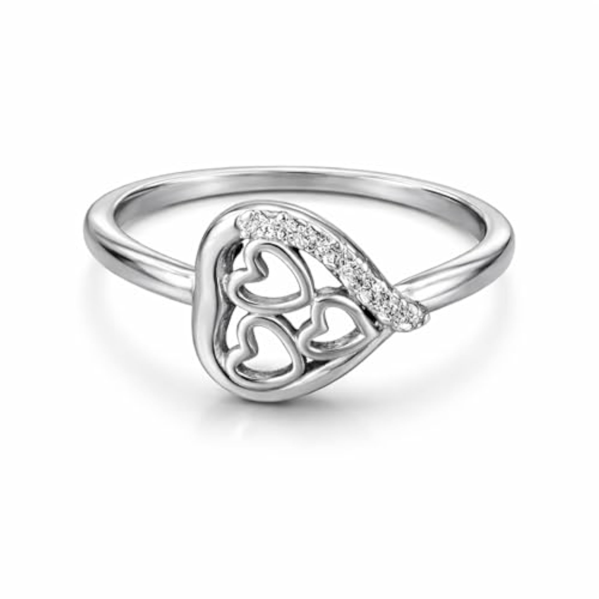 Women's Elegant Silver Heart Design CZ Studded Adjustable Ring