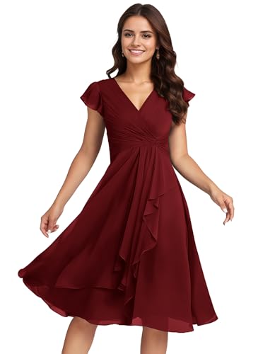 Women's Short Chiffon Bridesmaid Dresses with Flutter Sleeves for Wedding V Neck Ruffle Formal Dress with Pockets