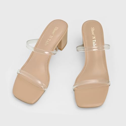 Image of Shoe'N Tale Strappy Heels for Women Square Open Toe Two Strap Low Block Heel Slip on Dressy Sandals Shoes