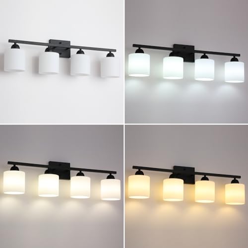 Image of Mecgirn Milk Glass Vanity Lights for Bathroom, 4 Light Matte Black Bathroom Light Fixtures Over Mirror, Ceramic E26 Sockets Wall Mounted