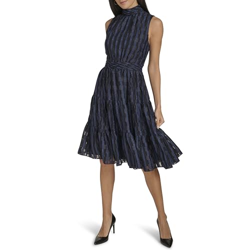 Image of Calvin Klein Women's Sleeveless Mock Neck Smocked Knee Length Fit & Flare Dress
