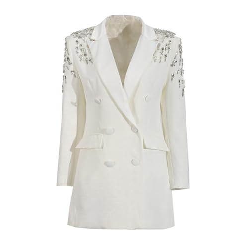 Fashion Women's Blazer Double-Breasted Crystal Nail Embellishments Evening Long Suit Jacket