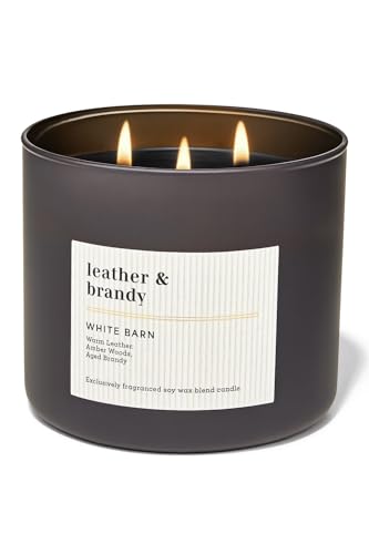 Bath & Body Works Leather & Brandy 3-Wick Candle 14.5 oz Soy and Paraffin Wax Blend Scented Jar Candle with Decorative Lid Warm Leather Amber and Brandy Fragrance