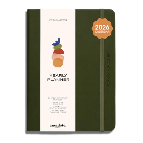 Anecdote 2026 Planner: 52 Week Daily Planner Yearly Monthly & Weekly Workflow for Planning Your Success Vegan Leather Hardcover Start Anytime & Achieve your Goals - Olive Green