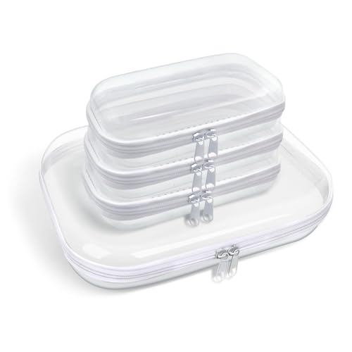Image of honitty Clear Hard Shell Zipper Case,3PCS Transparent Clear Laser Zipper Pouches,Hard Side Plastic Case Set,Portable Travel Storage Organizer Bins