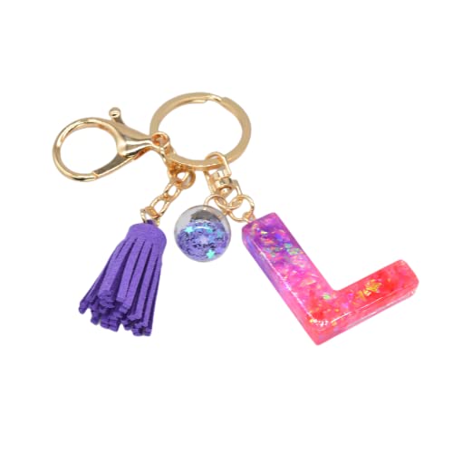 Joli porte-clés en résine avec pompon en forme de lettre de l'alphabet de A à Z pour femme, rose et violet, l, taille unique Cover