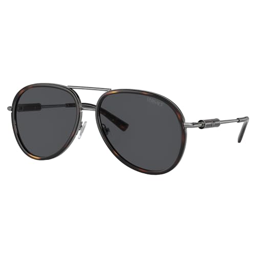 Versace VE 2260 100187 Havana Metal Aviator Sunglasses Dark Gray Solid Color Lens