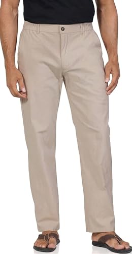 Soojun Men's Casual Linen Blend Relaxed Fit Straight Legs Elastic Waist Pants, Khaki, 36W x 30L