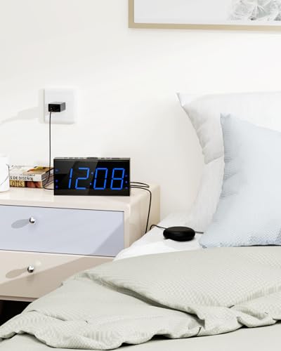 Super Loud Alarm Clock with Bed Shaker Vibrating Alarm Clock Loud for Deep Sleepers for Teens with Hearing Impaired Dual Alarm Clocks 7.5" Large Display USB Charging Dimmable Snooze Backup Battery