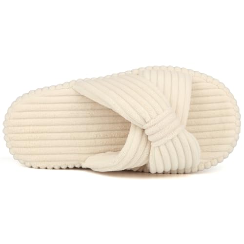 WUYISTAR Chaussons pour filles Kids Memory Foam House Chaussons Cozy Corduroy Bow Crossbands Slipper Open Toe Indoor Outdoor Shoes Slides Blanc 34 EU