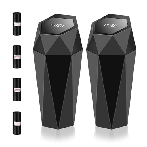 2 pcs Papelera coche, Cubo de Basura para Coche con Tapa, Cubo de Basura para Coche Pequeño con 4 Bolsas de Basura, Accesorios para Interior de Coche para Casa, Cocina, Oficina, Dormitorio (Negro)