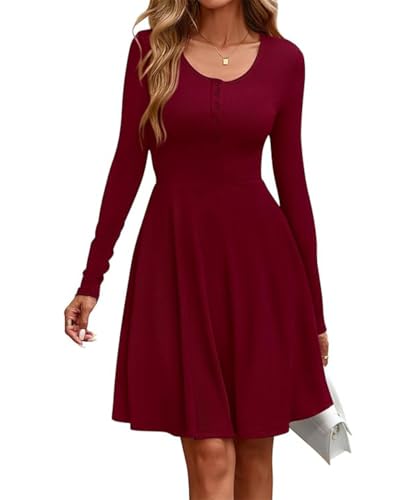 SCHOOLMOON Strickkleid Damen Langarm Rundhalsausschnitt Leichte Pulloverkleid Einfarbig Herbst Knielang Tunikakleid Knopf A-Linie Elegant Winterkleid...