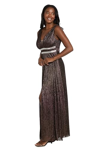 Image of R&M Richards Women's Pleated Maxi Dress W /Illusion V-Neck, Embellished Waistband & Front Slit - Party & Cocktail Gown