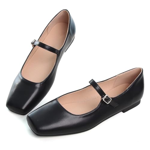 Hee grand Leather Mary Jane Flats Women Dressy Comfortable Square Toe Adjustable Buckle Strap Ballet Flats