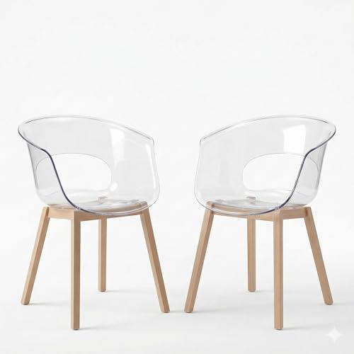 BERARDI Lot de 2 chaises Natural Wood Chair, chaise design avec coque en polycarbonate transparent, structure en bois massif, 77 x 58 x 60 cm, pour salle à manger et...