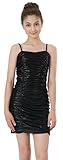 2Bunnies Girls Tween Teen Bodycon Ruched Spaghetti Strap Metallic Shimmer Sequin Party Dance Mini Dress (US, Age, 14 Years, Shimmer Black)