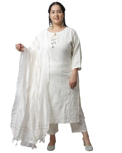 Image of Rajnandini Women's Pure Cambric Cotton Embroidered Plus Size Kurta Set With Dupatta (JOPLVL214X Off-White)