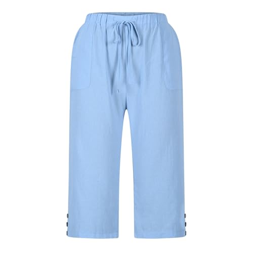 Women's Cotton Linen Capris Pant High Elastic Drawstring Sport Sweatpant Straight Wide Leg Trouser Vacation Pants2