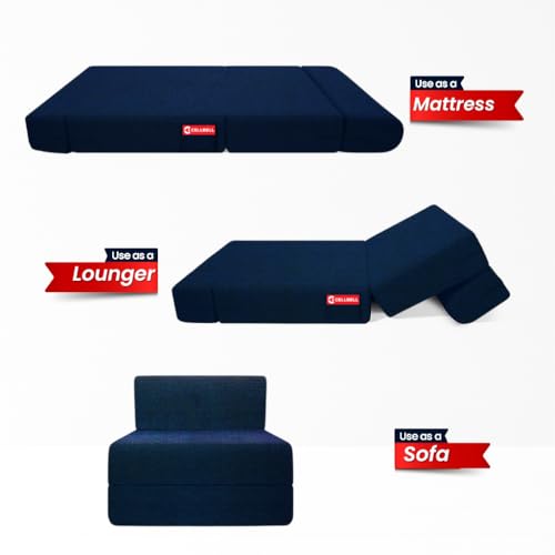 Image of CELLBELL Comfy Sofa Cum Bed 3x6 Feet | Foldable Dual Use Couch Bed with Soft Cushions, Washable Fabric Cover & Sturdy Frame | Space Saving Modern Design for Living Room, Bedroom Guest Use (Navy Blue)