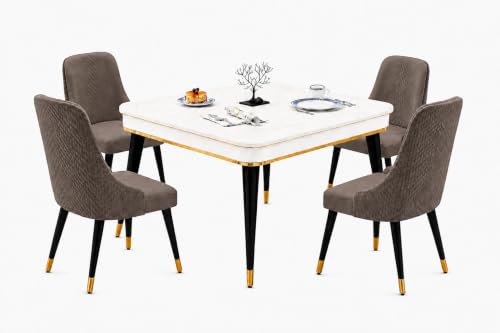 Image of WOODEN SPACE 4 Seater Wooden Dining Table Set | Urban Marble Top Dining Table with Chairs for Dining Room & Kitchen (Modern Vento Brown) (42 x 42 x 30 inch)