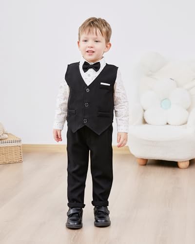 Image of ZOEREA Toddler Boy Suit Formal Wedding Outfits Gentleman Clothes Long Sleeve Shirt + Suspender Pants + Bowtie