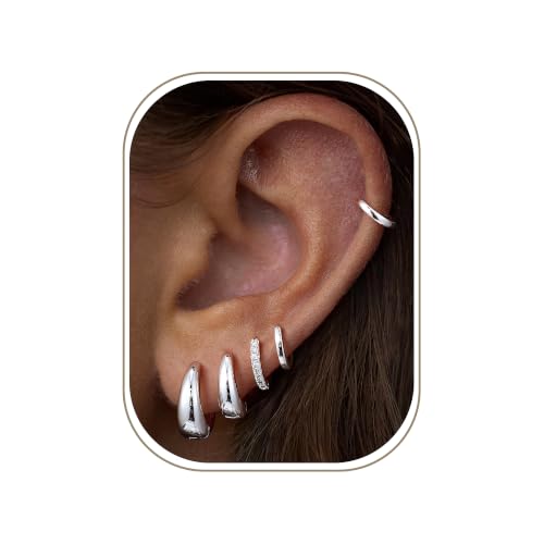 Image of 5 Pairs Hypoallergenic Hoops Earrings Stack Set, Silver Earrings for Women