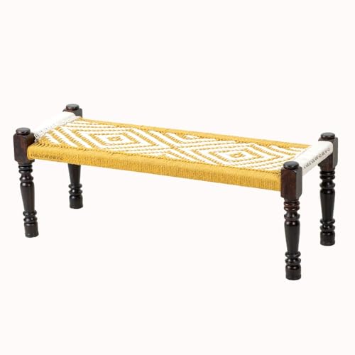Image of Wooden Bench for Seating | Handcrafted Sheesham Wood Bench for Living Room, Balcony & Garden | Traditional Patio for Outdoor with Cotton Handwoven Rope | Yellow and White