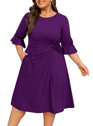 Women's Plus Size Dresses Casual 3/4 Ruffle Sleeve Crew Neck Twist Knot Wrap Slit Hem Dress with 1 Pocket
