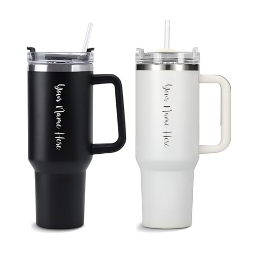 SAVRI Personalized Gifts – Black & White Straw Tumbler Combo (1200 ml) | Custom Name Engraved Couple Stanley Tumbler| Gift for Couples, Anniversary, Ring Ceremony, Marriage Trendy Gift for Him & Her