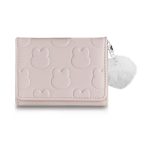 FuninCrea Wallet Women, PU Leather Womens Wallet Small Wallets with Multiple Card Slots, Portable Credit Card Holder for Women Ladies Wallet Cute Wallet with Heart ID Window Plush Ball (Pink)