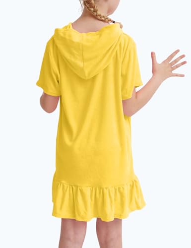 Swim Cover Up Girls Swimsuit 6-7 Years Old Hooded Yellow Short Sleeve Swimwear Rash Guard with Sun Protection2