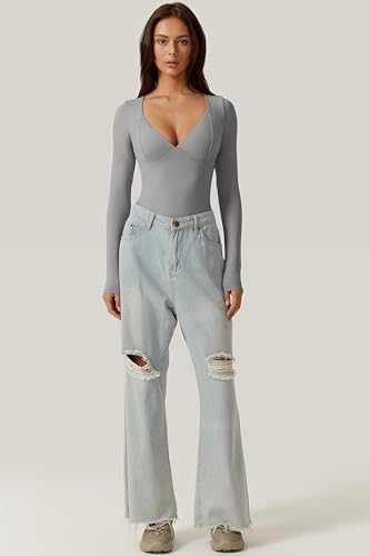 Image of QINSEN Women's Long Sleeve Bodysuit V Neck Body Suits Seamed Cup Going Out Tops Shirt