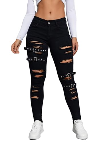 Floerns Women's Ripped Distressed High Waist Jeans Stretch Denim Pants