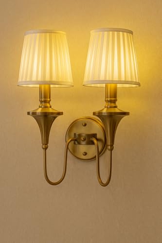 Image of Vintage Brass Double Arm Wall Lamp | Classic Fabric Platted Shade | Luxury Classic Sconce Light | Decorative Lighting Fixture for Living Room, Bedroom, Hallway