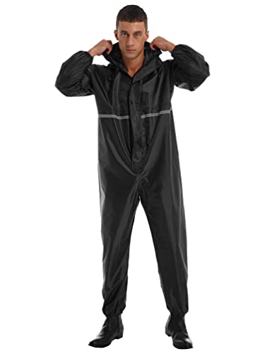 Jugaoge Unisex Motorrad Regenanzug für Damen und Herren Outdoor Einteiler Wasserdichter Overall Jumpsuit mit reflektierenden Streifen Arbeitsoveralls Schwarz XL