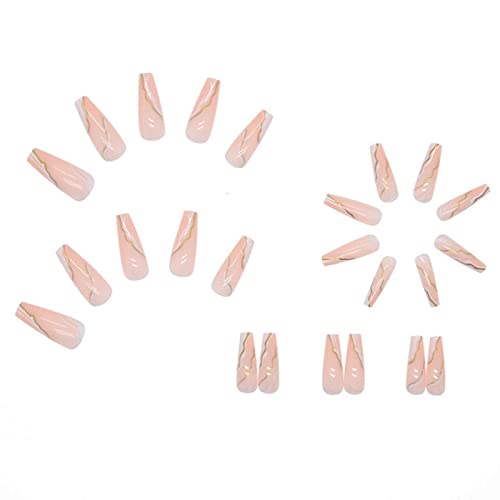 Rodaky Coffin Press On Nails With Design Long Acrylic False Nails Tips Ballerina Prom Fake Stick On Nails Arts Decoration For Women And Teen Girls (Marble Pink) #TOP3
