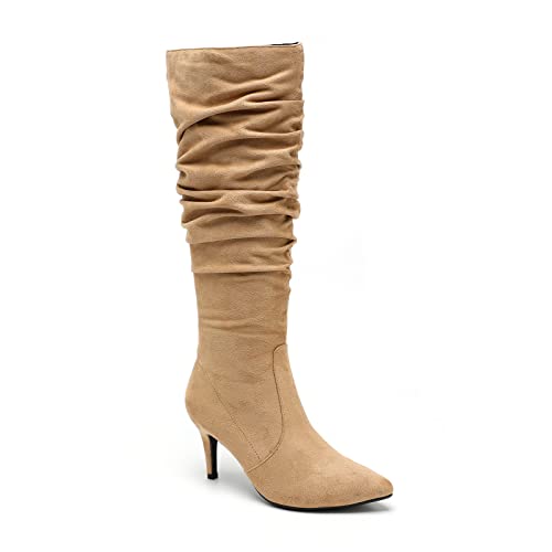 Chic Knee-High Boots Black Suede Pointed Toe Stack boots Heel Wide Calf All Day Comfort