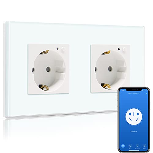 BSEED Wifi Smart Steckdose,arbeitet mit Amazon Alexa,Google Home,Timing-Funktion und APP-Steuerung,2 Fach Schuko Steckdose Weiß,Unterputz Glas Intelligente Steckdose-auf NUR 2.4 GHz Netzwerk
