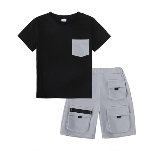 Azmxynol Tween Boys Clothes Kids Summer Short Sleeve Shirt Top + Cargo Shorts 2 Pieces Spring Casual Outfit Set Size 6 7