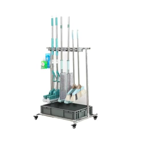 KASABULAC モップホルダー 掃除用具ラック 自立式 多機能 ほうきラック 高耐久性 可動モップラック 排水シンク付き ホテル 工場 学校 会社 病院用(6スロット)