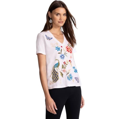 Johnny Was Nicolette V Neck Short Sleeve Tee Cotton Shirt Floral Embroidery Top White New2