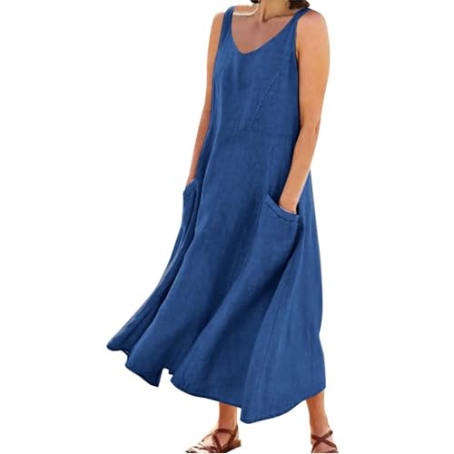 Arispjct   Vestido largo de verano de algodón y lino para mujer 2025, vestido bohemio fluido sin mangas de talla grande, vestido holgado y cómodo con bolsillos, B AZUL, XXL