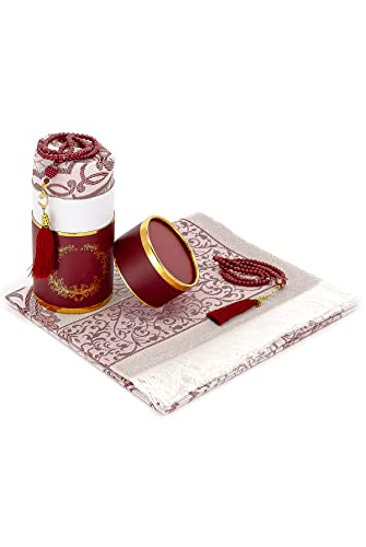 ihvan online Muslim Prayer Rug and Prayer Beads with Elegant Design Cylinder Gift Box, Janamaz, Soft Sajadah, Islamic Gifts Set, Portable Prayers Carpet Mat, Taffeta Fabric, Burgundy