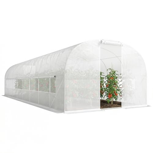 Outsunny Serre Tunnel de Jardin 24m², Serre de Jardin Tunnel 295x798x198cm avec Cadre en Acier galvanisé, Portes et 2 Grandes fenêtres, bâche PE Haute densité 140...