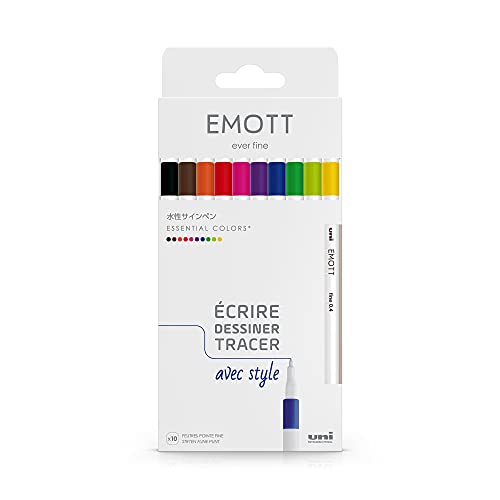 Emott - Uni Ball - Uni Mitsubishi Pencil - 10 Feutres Essential Colors - Écrire, Dessiner, Tracer avec Style - Pointe 0,4mm - Bleu, Rouge, Vert, Rose, Fuchsia, Marron, Orange, Noir, Jaune, Vert Clair