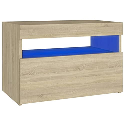 vidaXL Mesita de Noche Luces LED Aparador Auxiliar Armario Cama Dormitorio Habitación Organizador Almacenamiento Color Roble Sonoma 60x35x40 cm