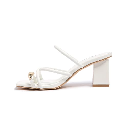Image of Strappy Heels For Women Low Chunky Block Heel Heeled Sandals Square Open Toe Slip On Slides Flip Flops Mules